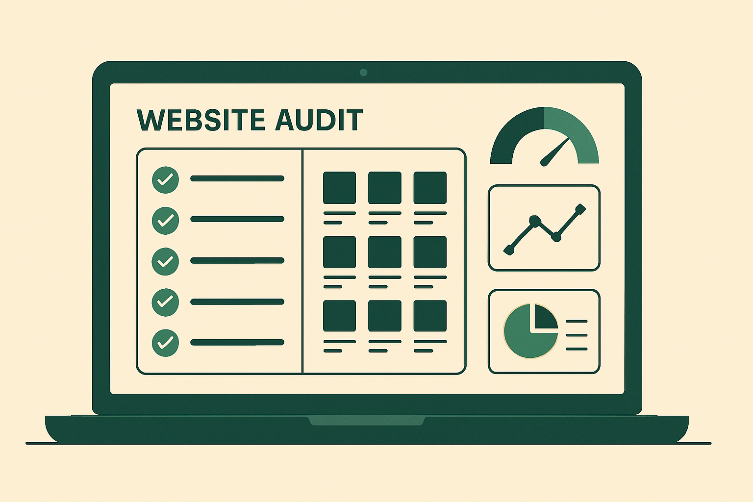 E-commerce website audit checklist dashboard showing product pages, site speed metrics, and SEO checkmarks