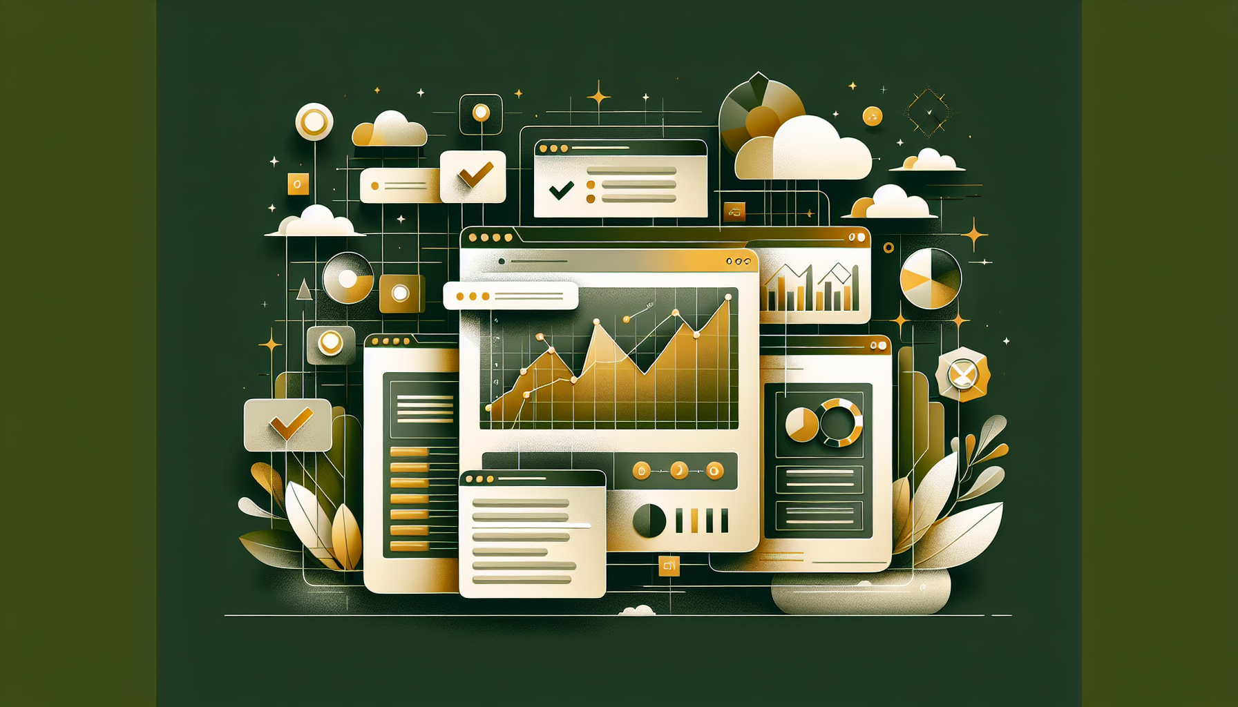 Finance SEO audit dashboard illustration showing website crawl metrics and compliance checkmarks